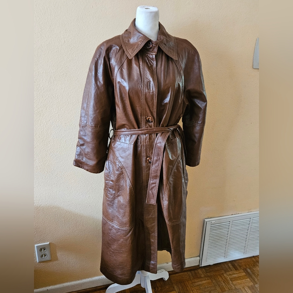 Amazing 70s Leather Full Length Trench Coat Brown Womens Medium 12 Glace Lamb